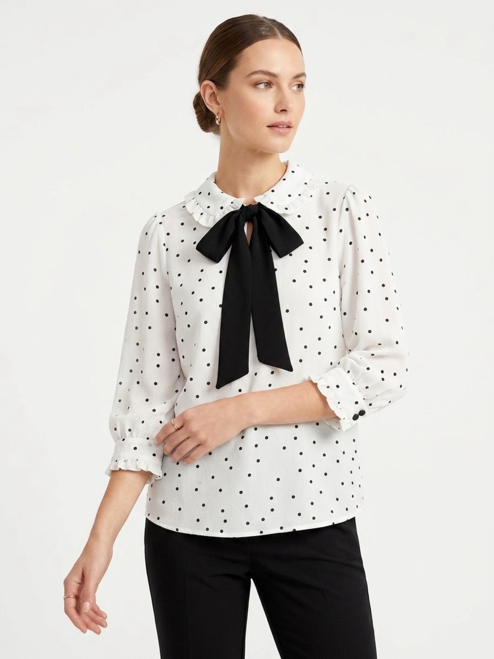 E&M Polka Dot Bow-Tie Ruffle Collar Blouse - White with Black Dots Small